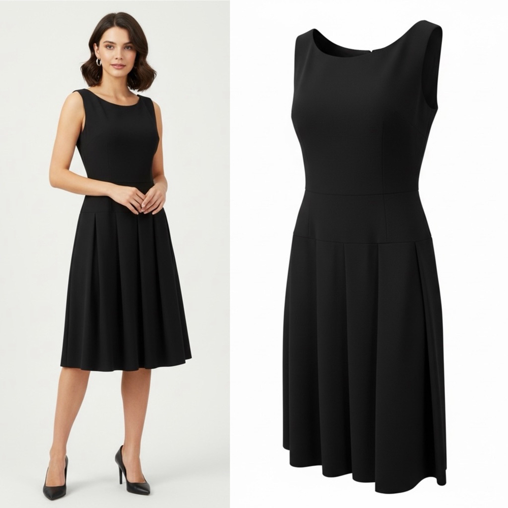 Black Halo Bateau Neck Black Pleated Knee Length Dress Classy Evening